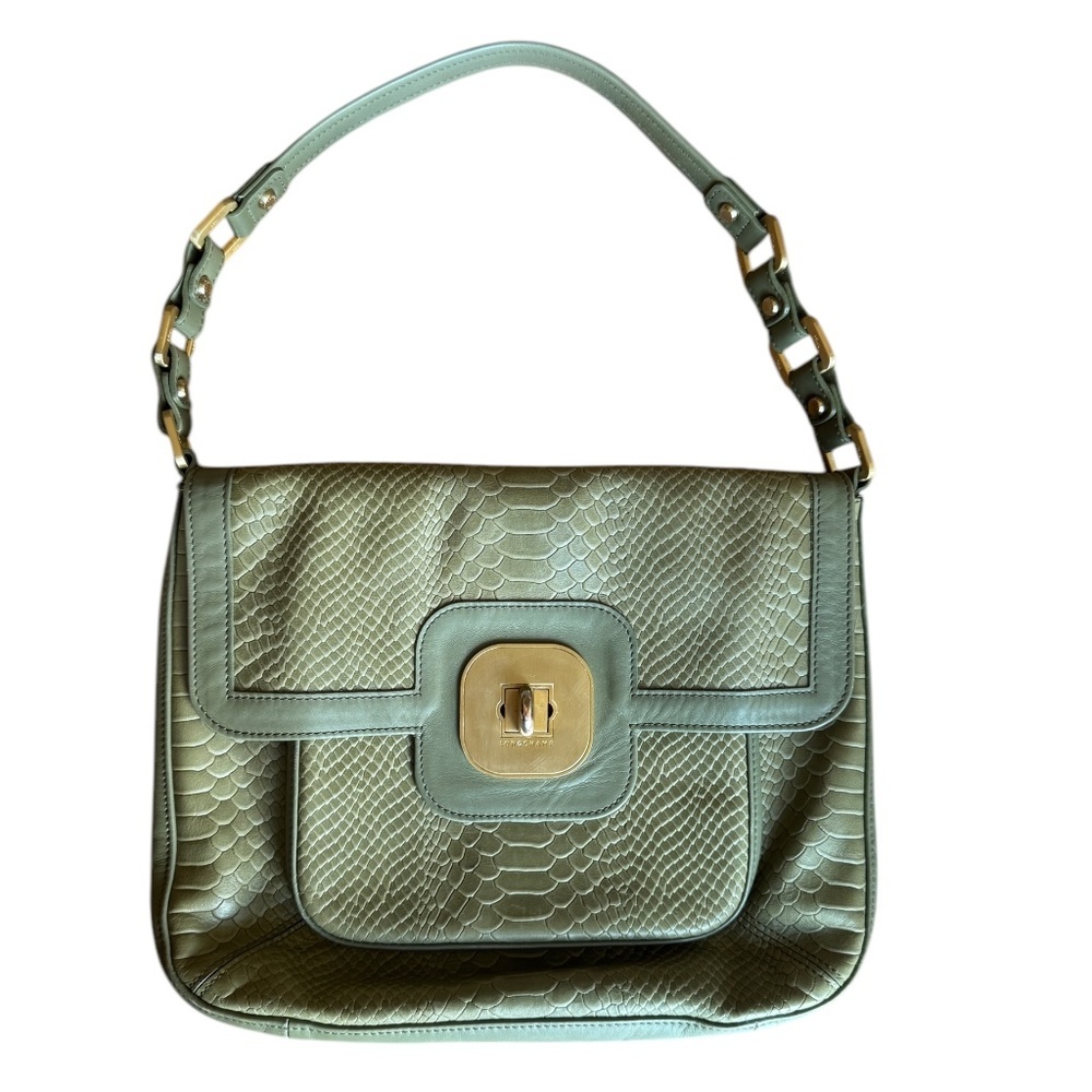 Longchamp Python Embossed Shoulder Bag Green Leat… - image 1